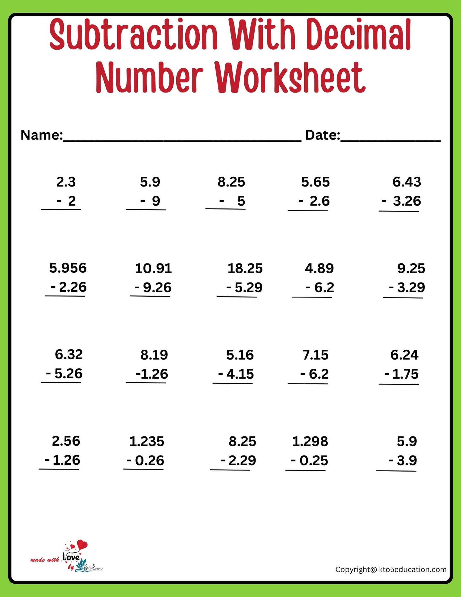 Free Subtraction With Decimal Number Online Activity Worksheet