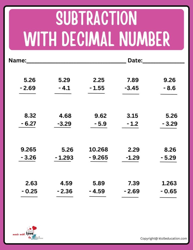 Free Subtraction With Decimal Number Worksheet | FREE Download