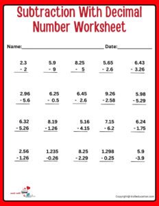 Free Subtraction With Decimal Number Worksheet For Fourth Grade