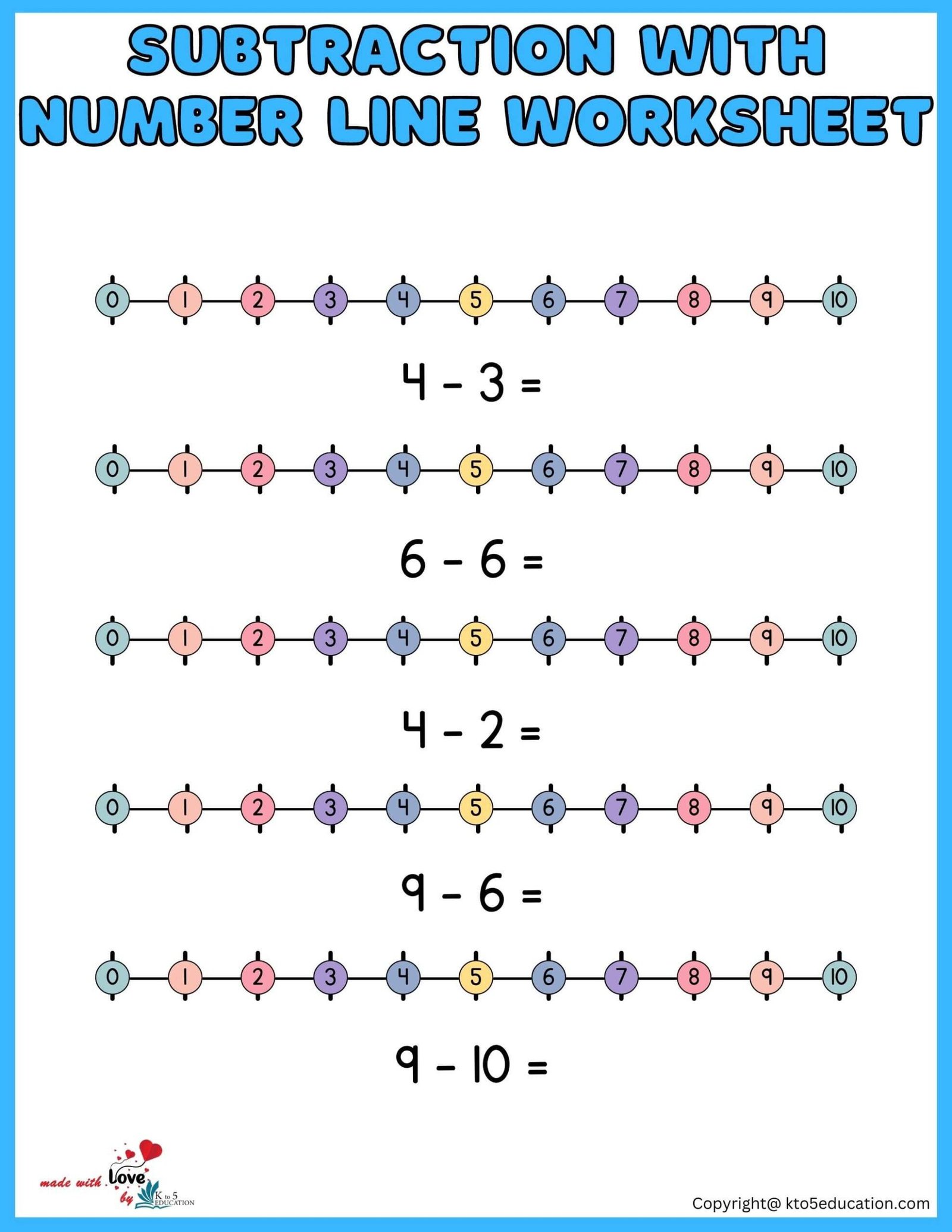 Free Subtraction With Number Line Worksheet 1 10 For