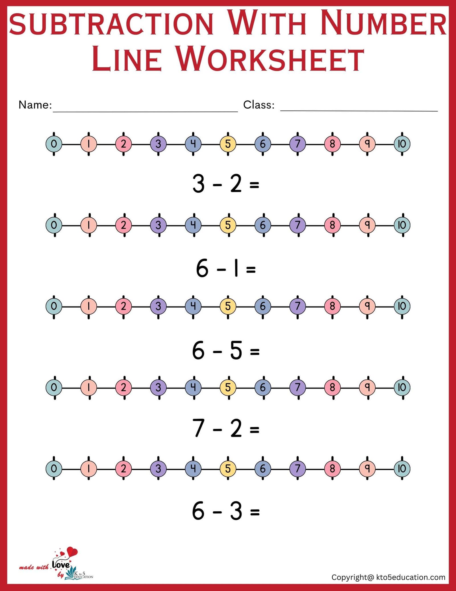 Free Subtraction With Number Line Worksheet 1-10
