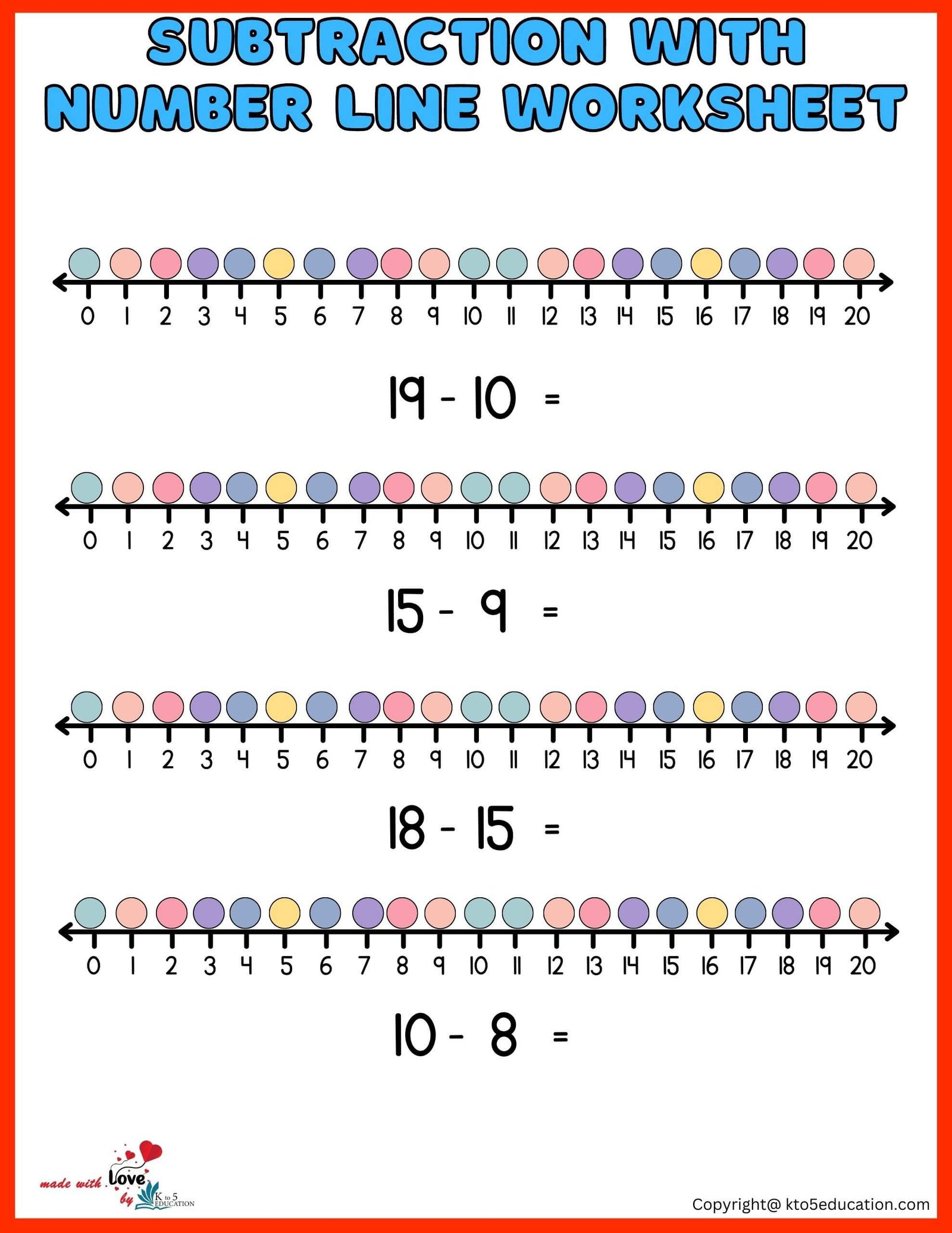 Free Subtraction With Number Line Worksheet 1-20