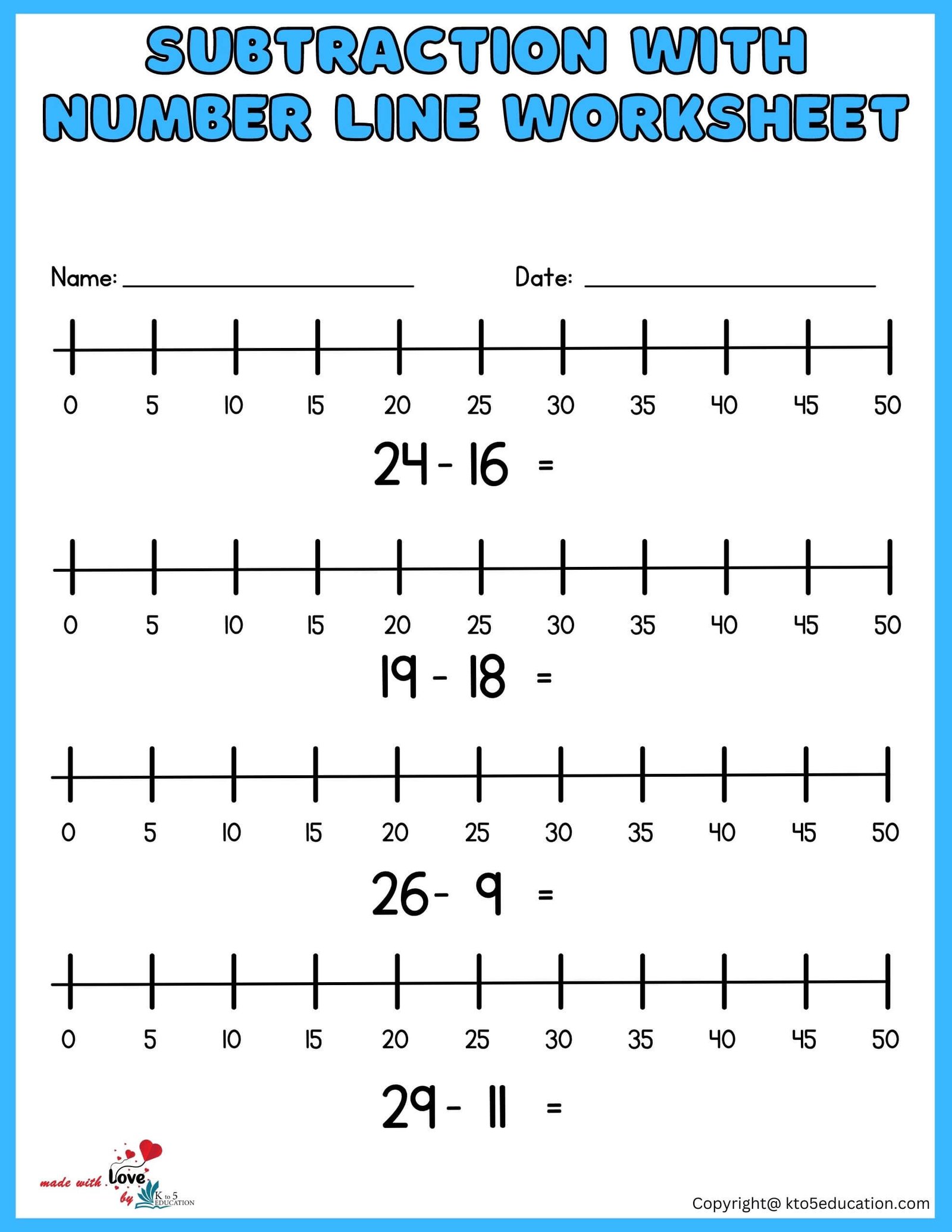 Free Subtraction With Number Line Worksheet 1-50 For Online Practice