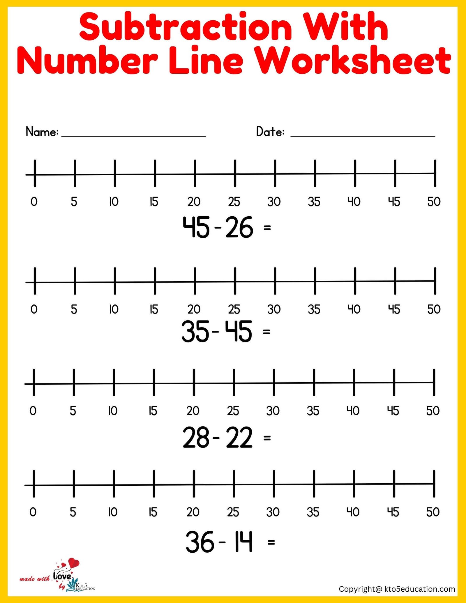 Free Subtraction With Number Line Worksheet 1-50