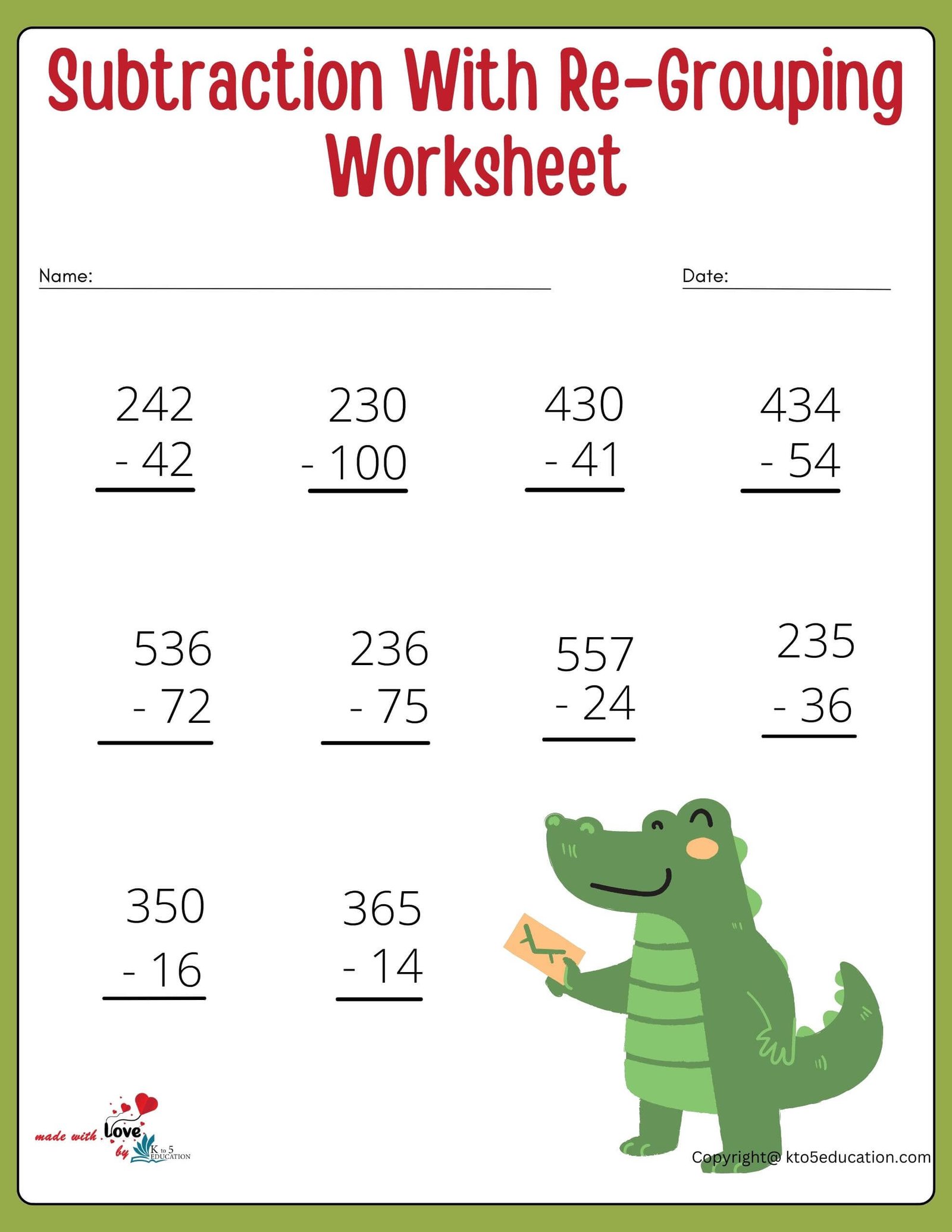 Free Subtraction With Re-Grouping Worksheets For Kids