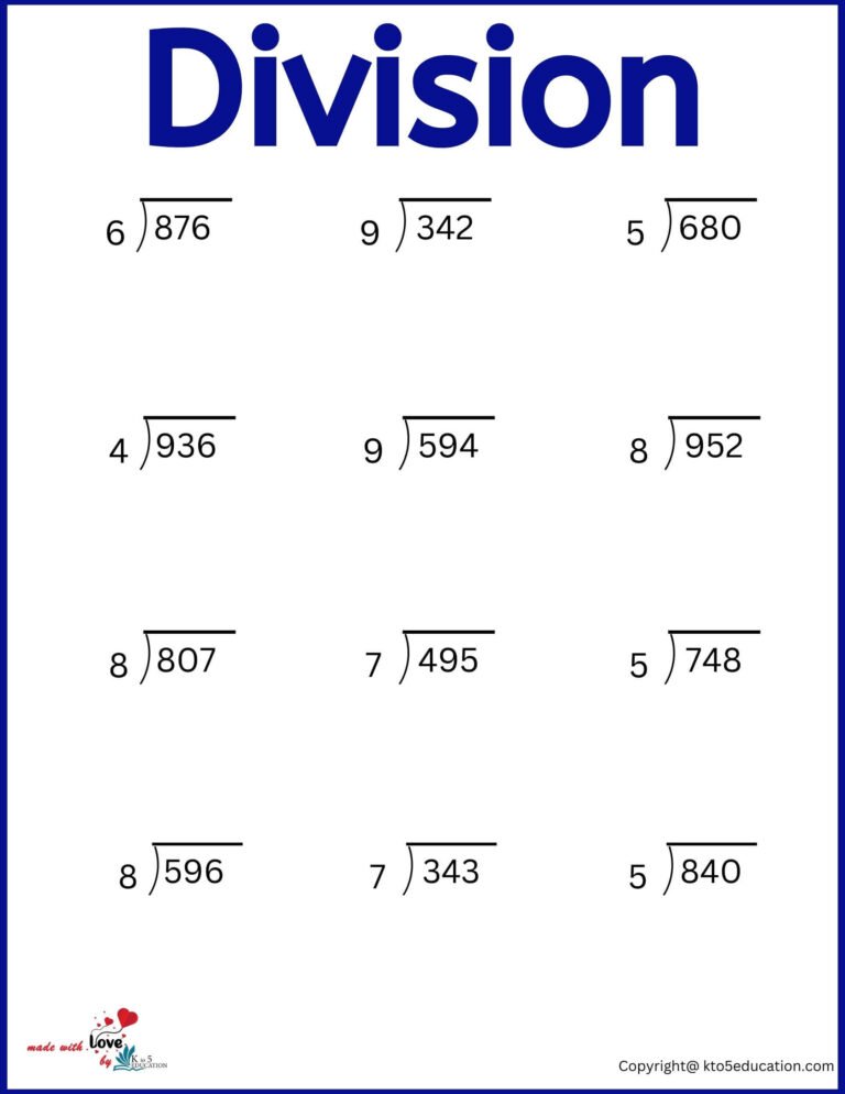 Free Third Grade Division Printable Worksheet