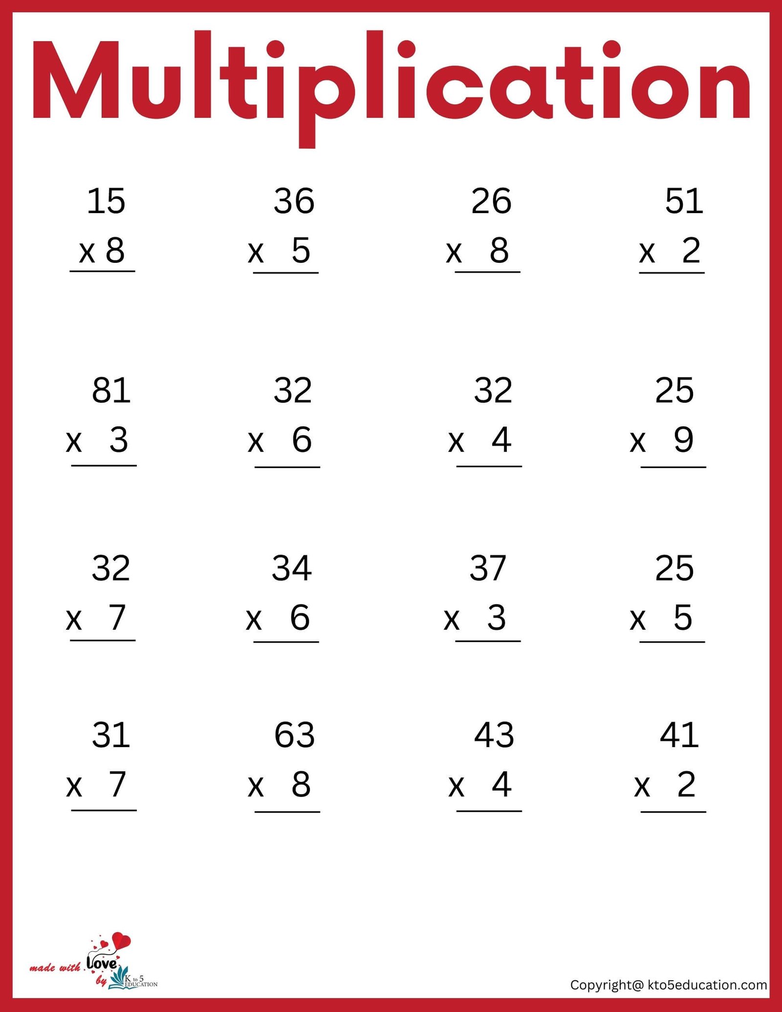 Grade 2nd Multiplication Worksheet