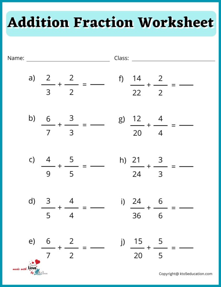 Grade 6 Addition Fraction Worksheet | FREE Download