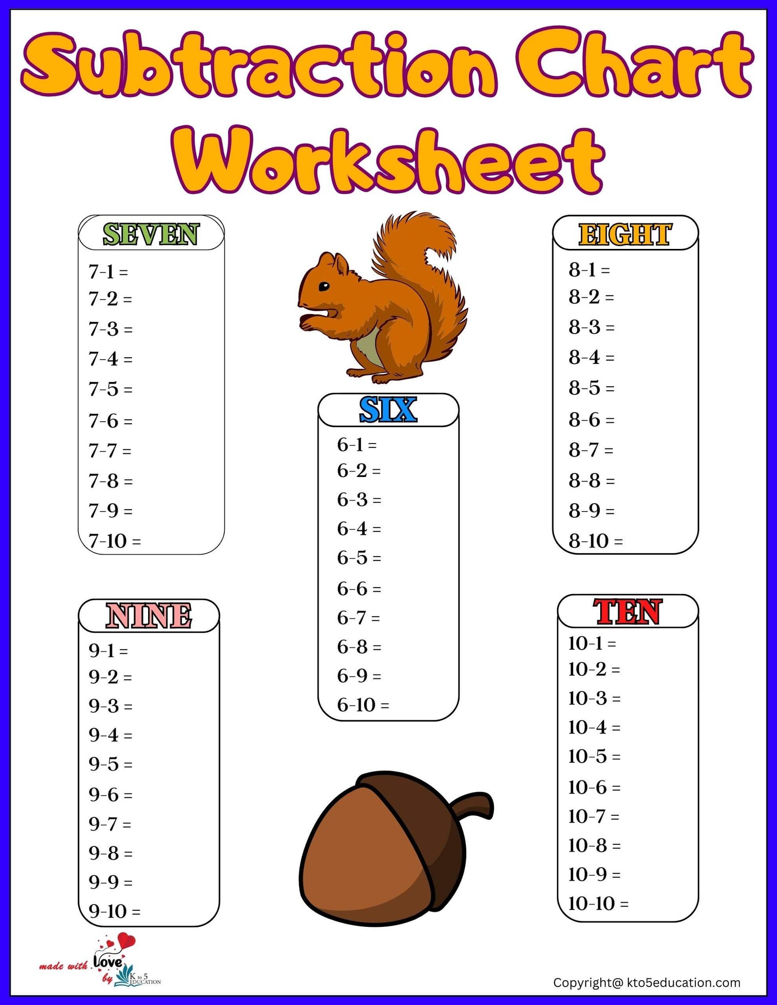Kindergarten Subtraction Chart Worksheet