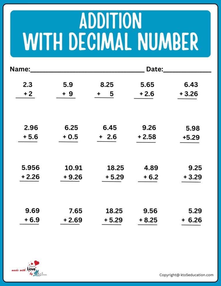 Multiple Addition With Decimal Number Worksheet | FREE Download