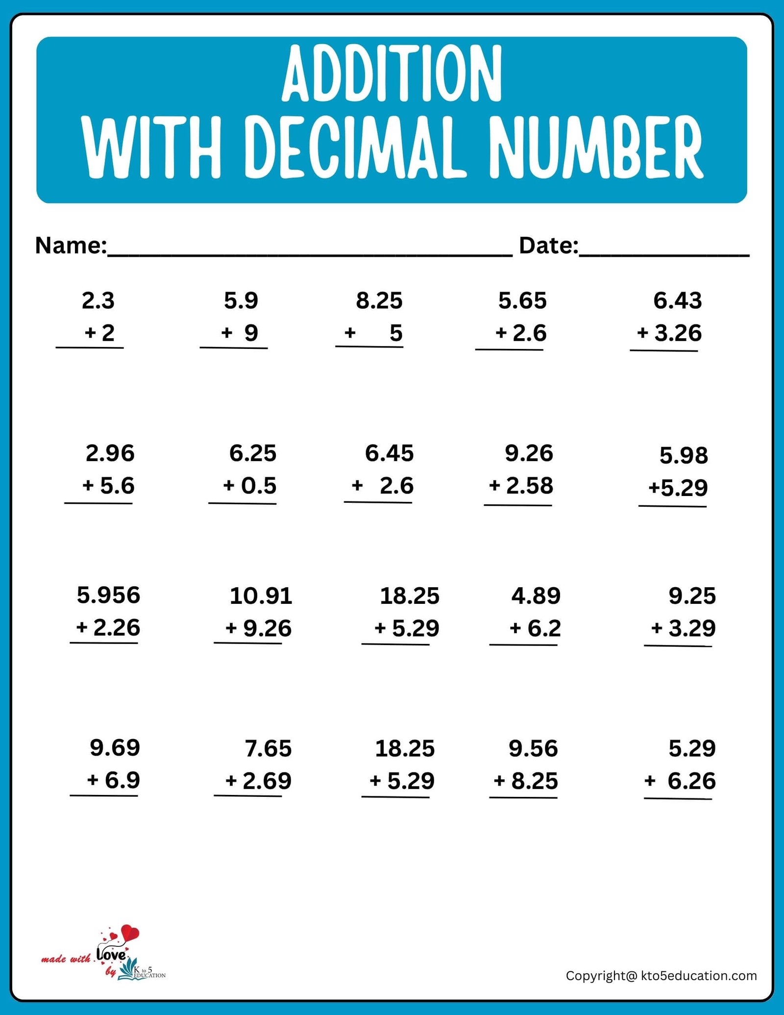 Multiple Addition With Decimal Number Worksheet