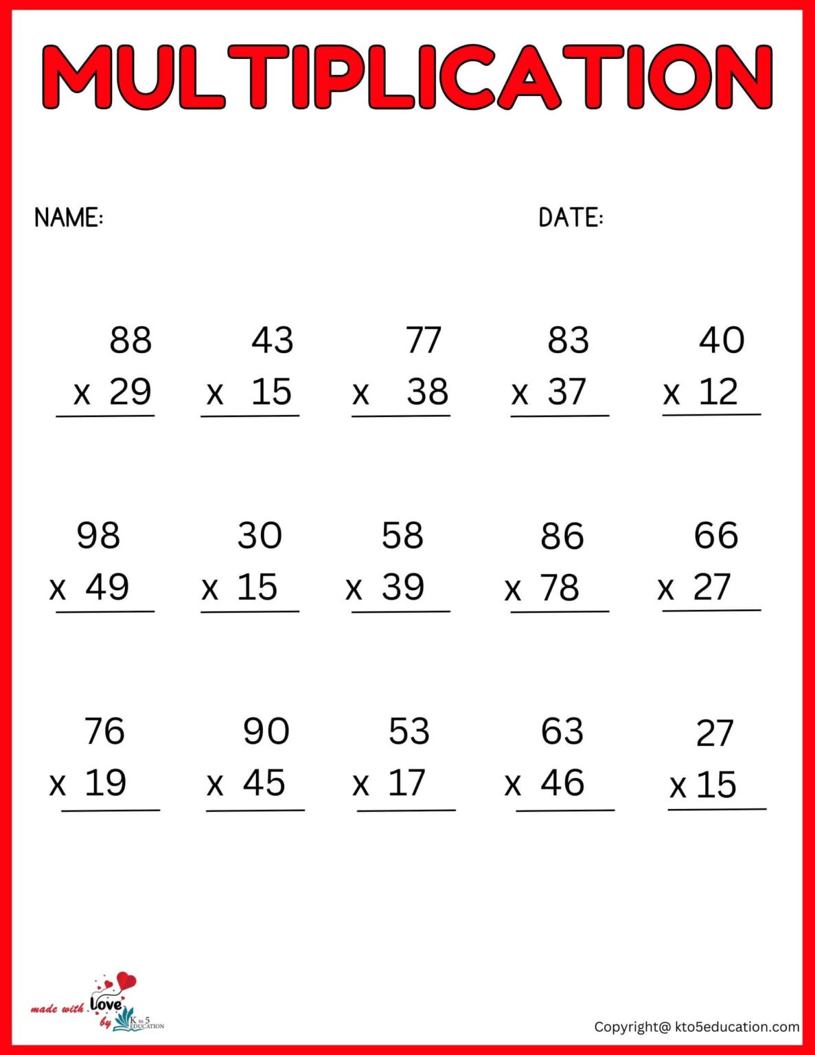 Multiplication Worksheet Third Grade