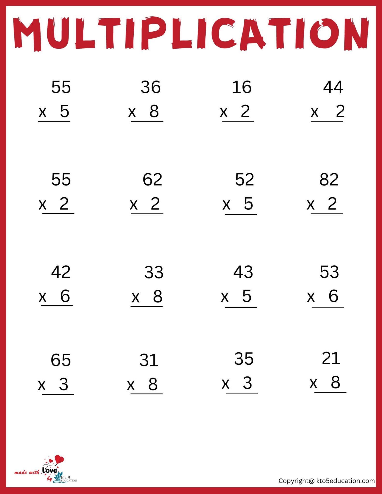 Multiplication Worksheet For Second Graders FREE