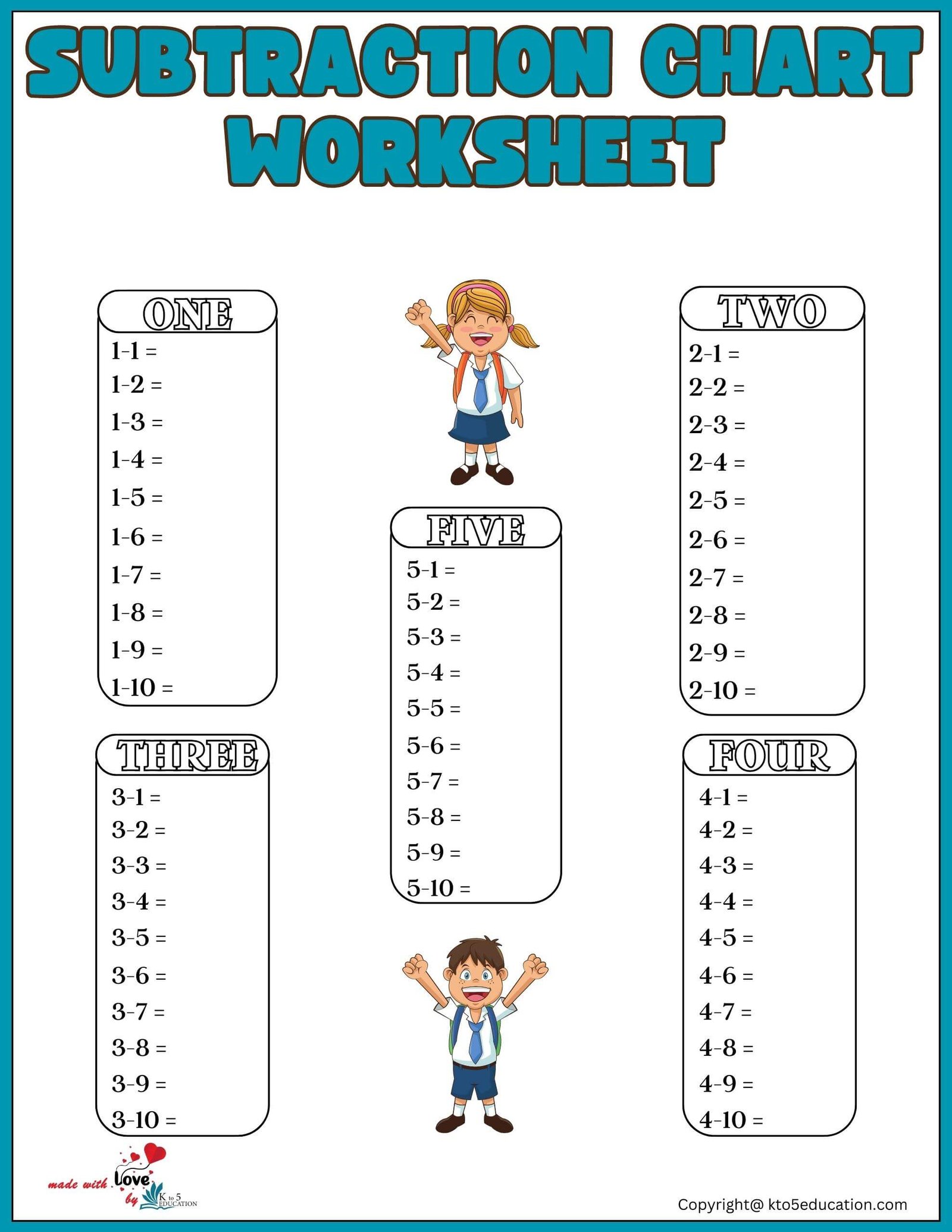 Preschool Subtraction Chart Worksheet
