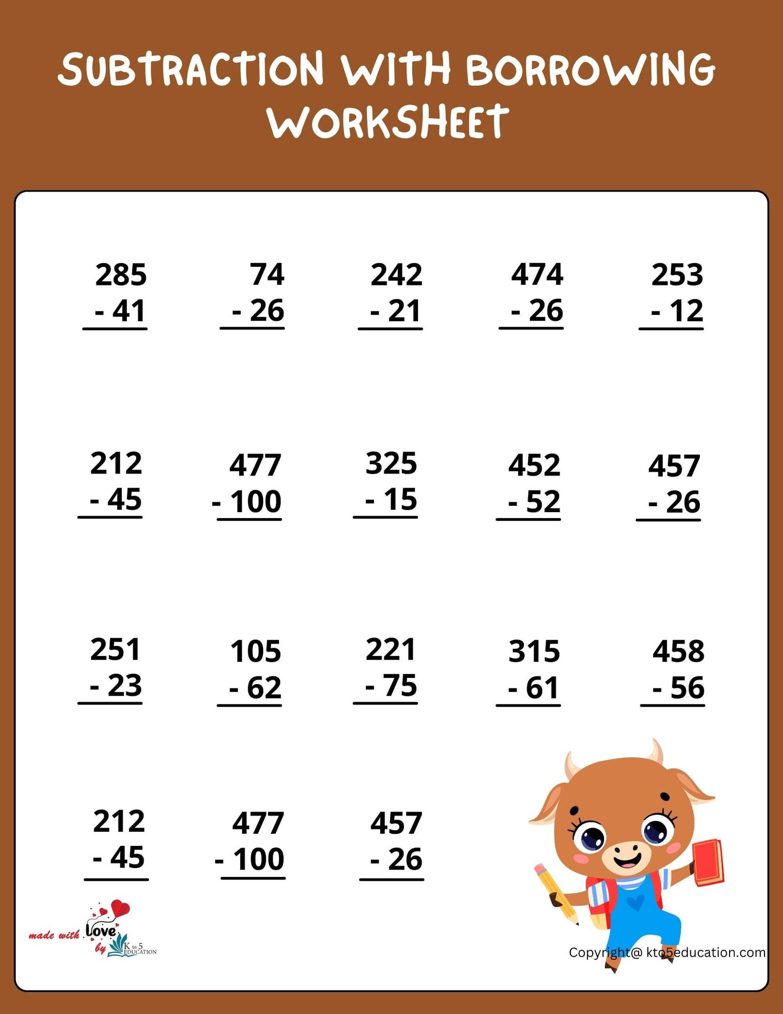 Printable Subtraction With Borrowing Worksheet