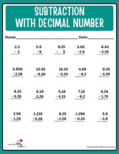Printable Subtraction With Decimal Number Worksheet For Kids