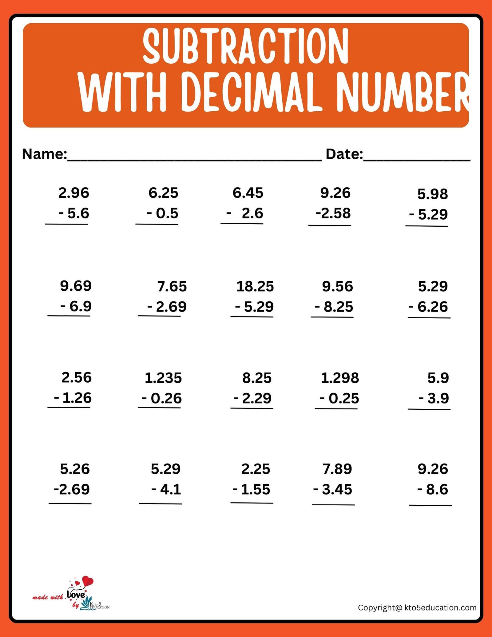Printable Subtraction With Decimal Number Worksheet
