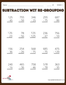 Printable Subtraction With Re-Grouping Worksheet