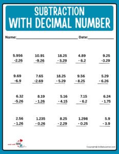 Printableo Subtraction With Decimal Number Worksheet