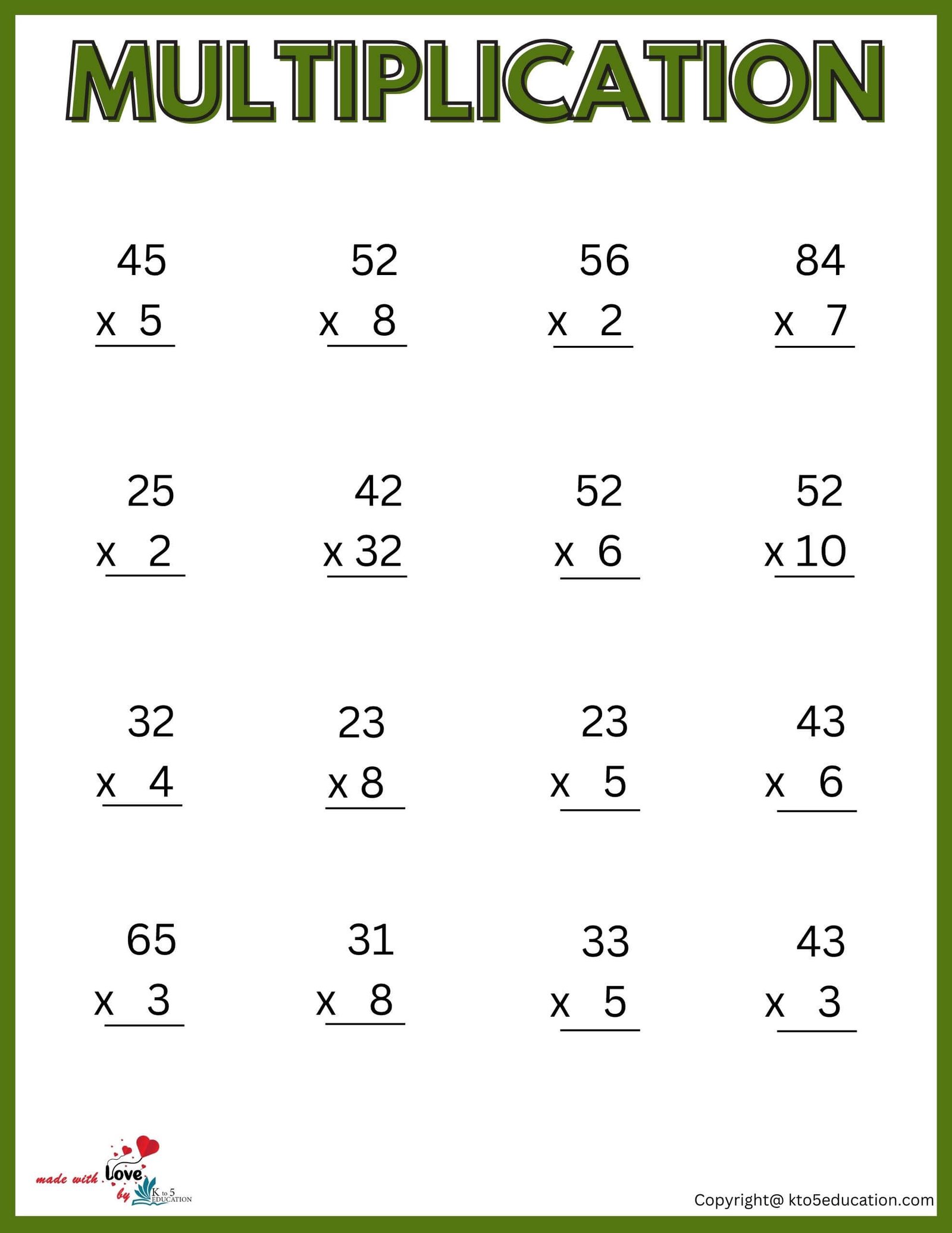 Second Grade Multiplication Worksheet For Free