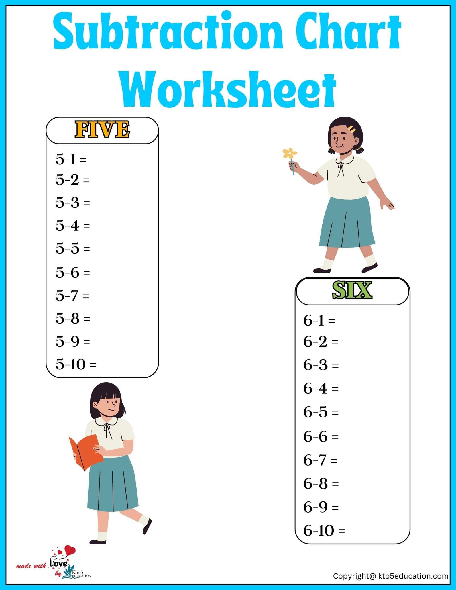 Subtraction Chart Printable Worksheet For Kindergarten