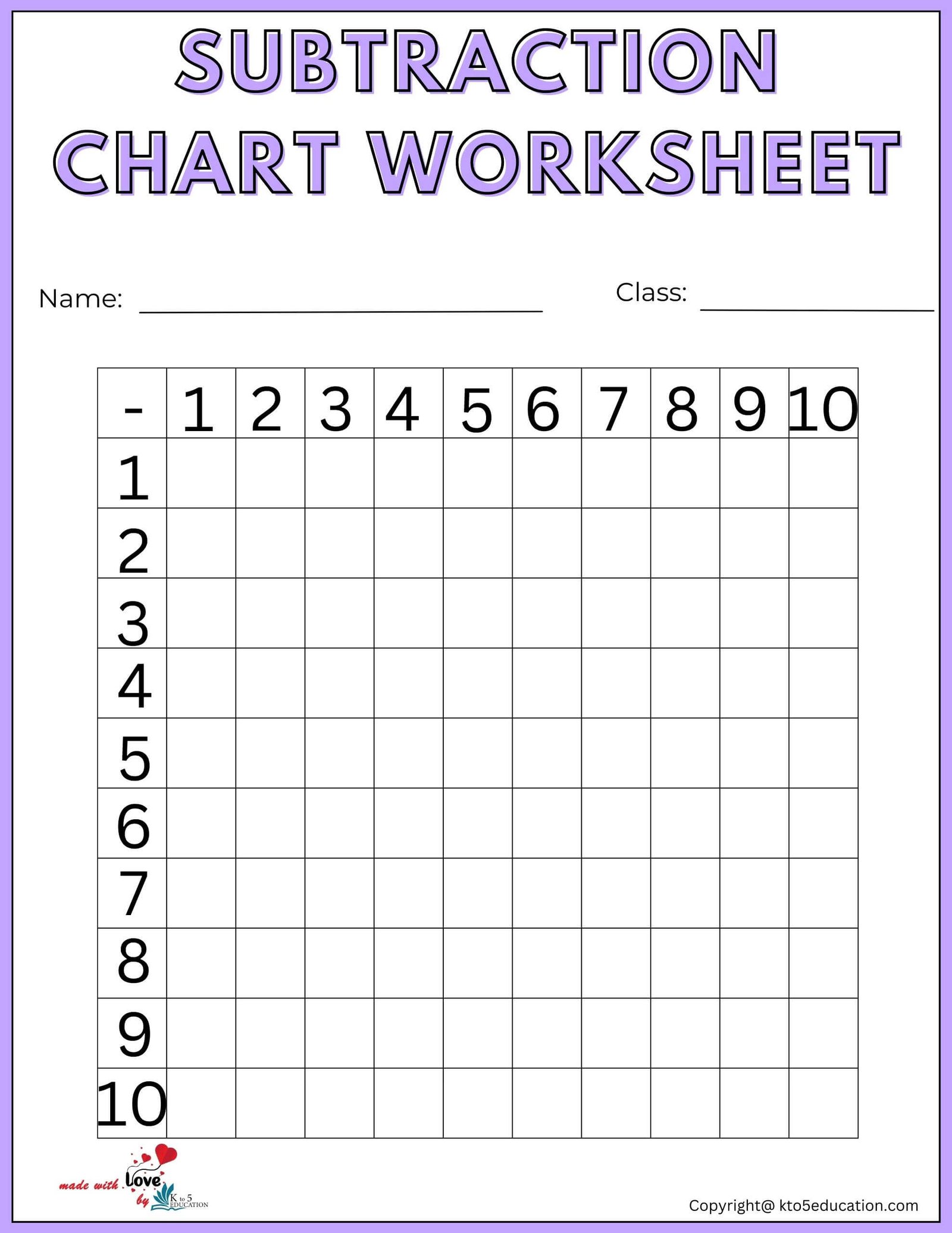 Subtraction Chart Worksheet For Preschool