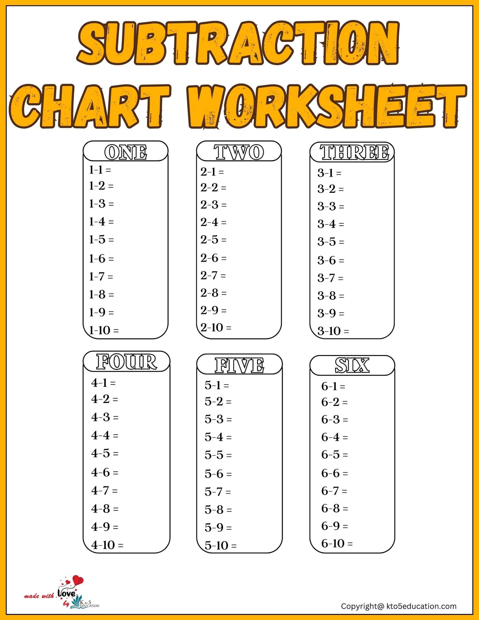 Subtraction Chart Worksheets