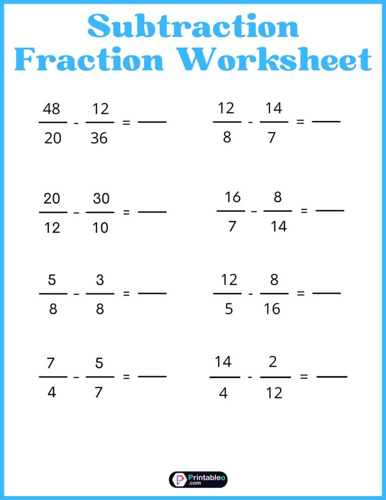 Subtraction Fraction Worksheet | FREE Download