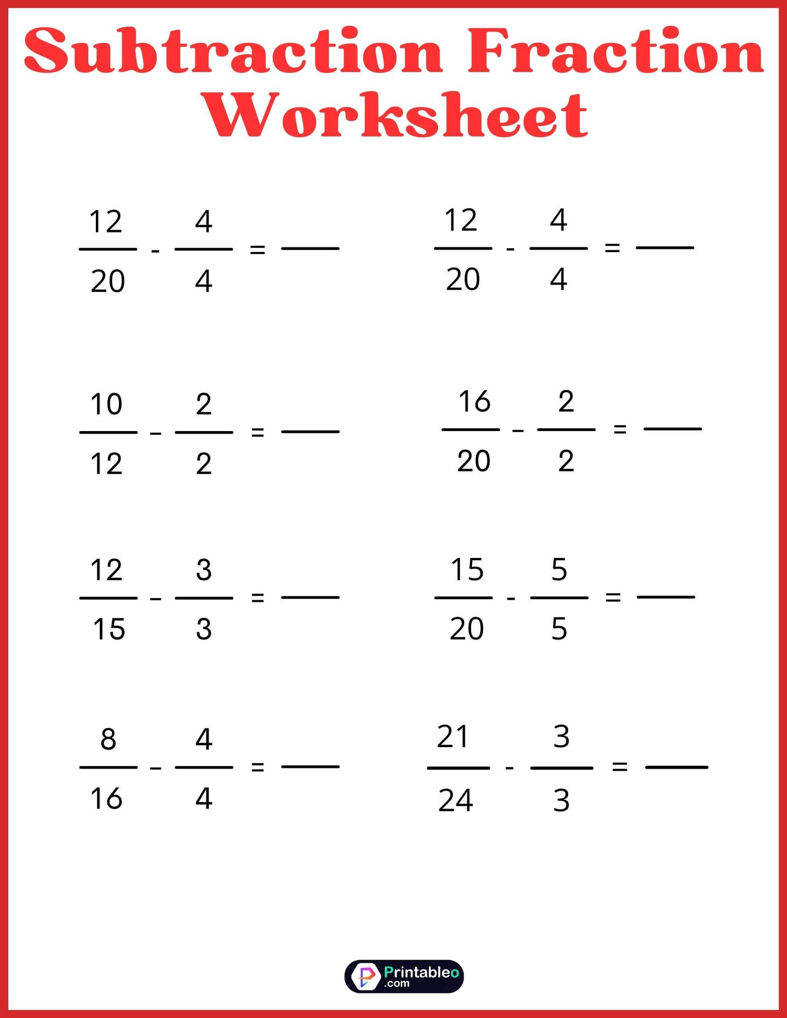 Subtraction Fraction Worksheet For 4th Grade
