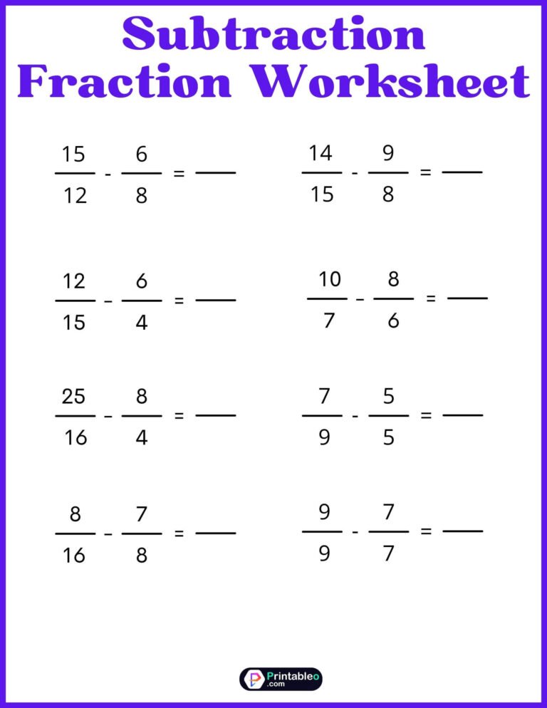 Subtraction Fraction Worksheet For Fourth Grade | FREE Download