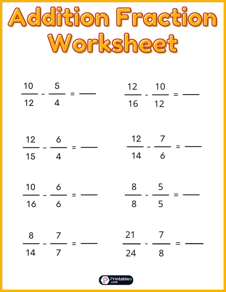 Subtraction Fraction Worksheet For Kids | FREE Download