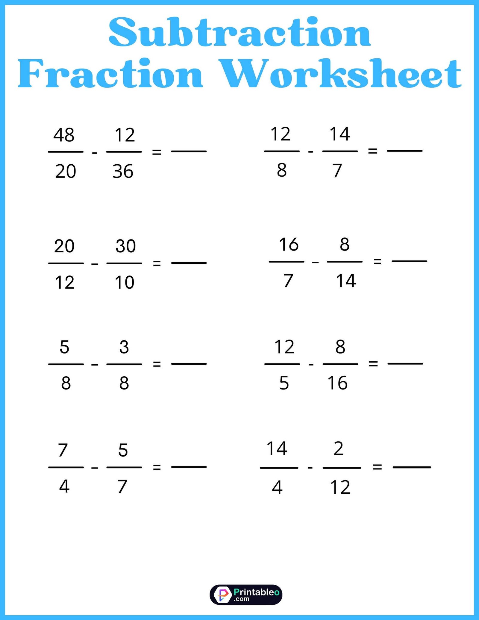 Subtraction Fraction Worksheet