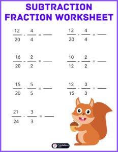 Subtraction Fractions Worksheet