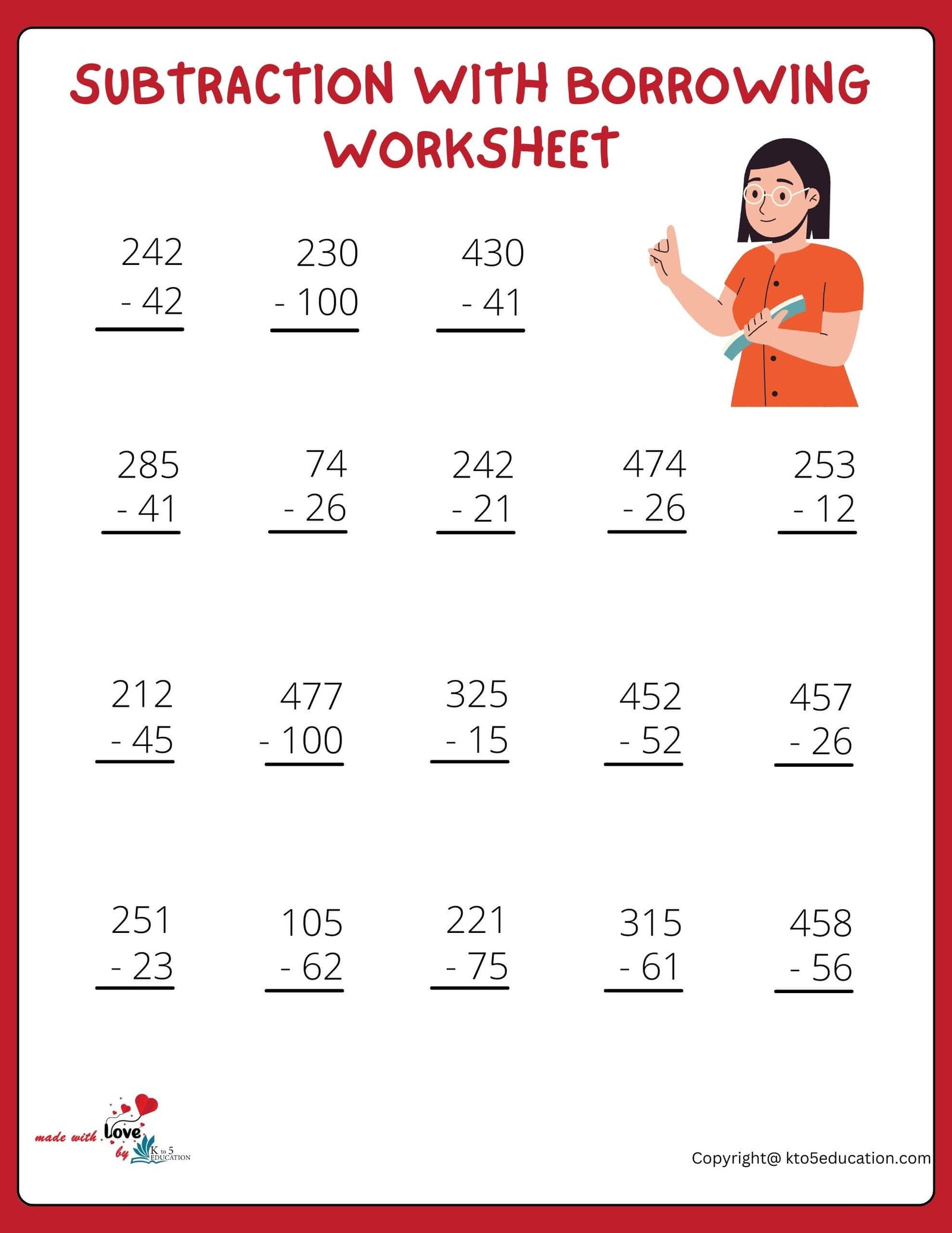 Subtraction With Borrowing Printable Worksheet