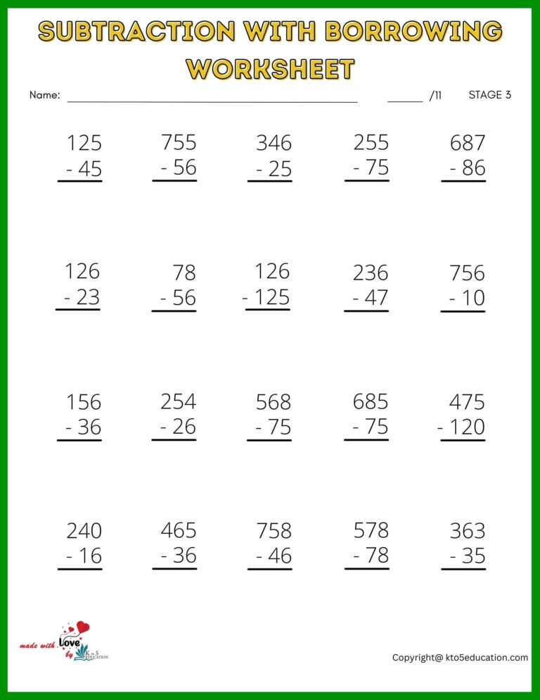 Subtraction With Borrowing Worksheet For 2nd Grade | FREE Download