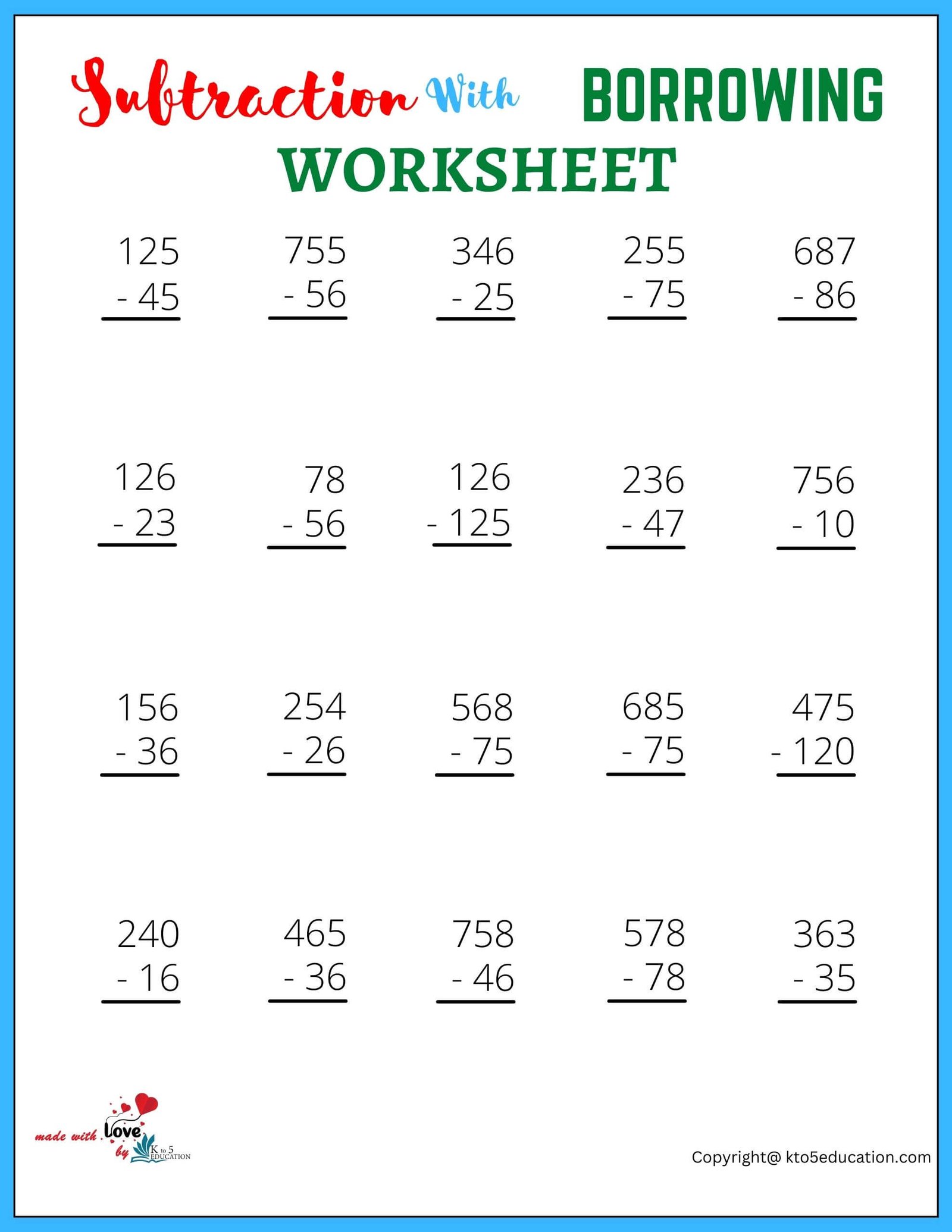 Subtraction With Borrowing Worksheet For 3rd Grade