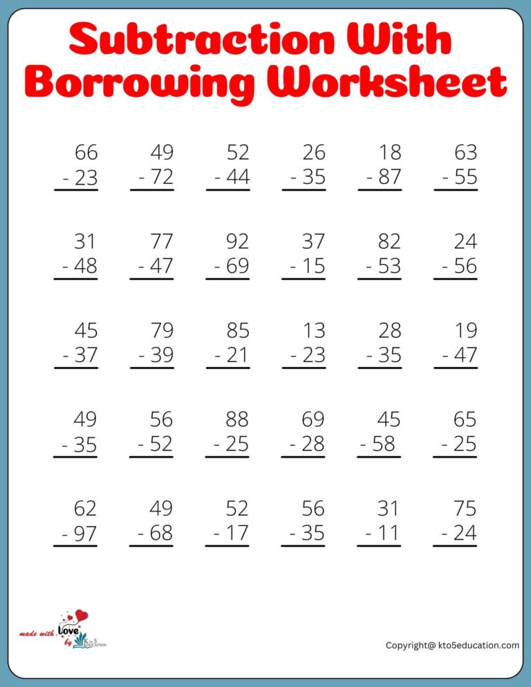 Subtraction With Borrowing Worksheet For 4th Grade