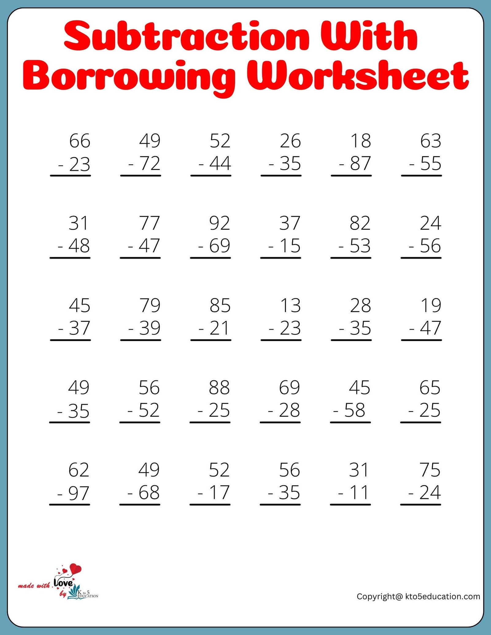 Subtraction With Borrowing Worksheet For 4th Grade