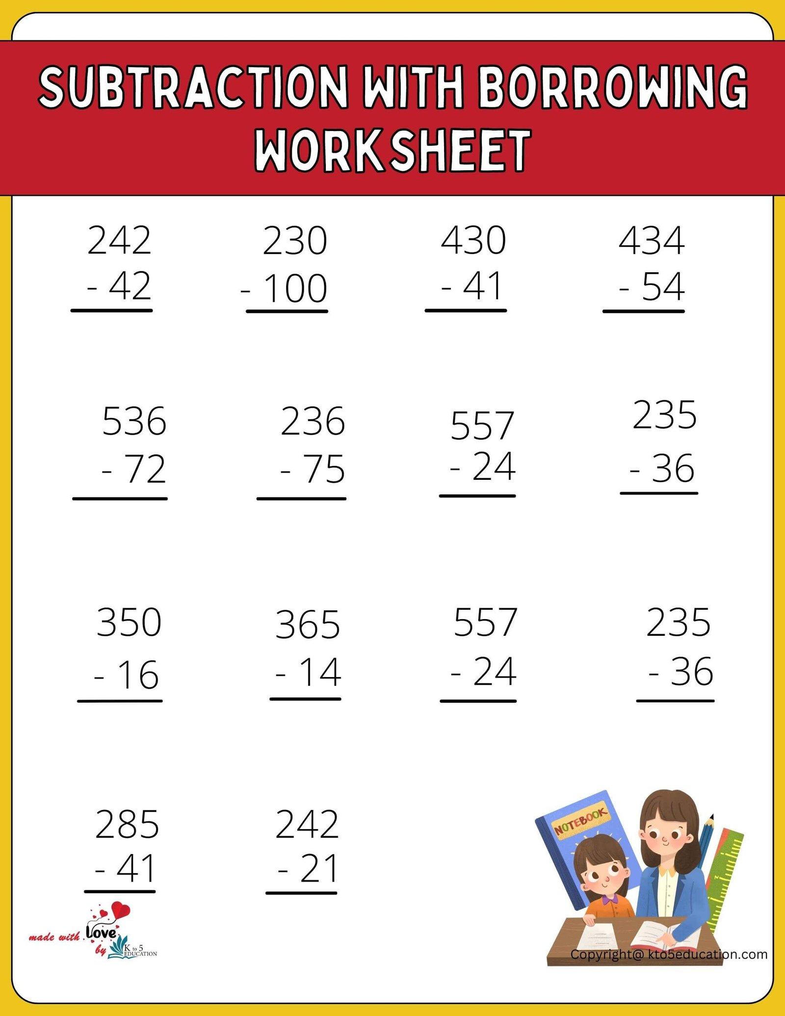 Subtraction With Borrowing Worksheets For Kids