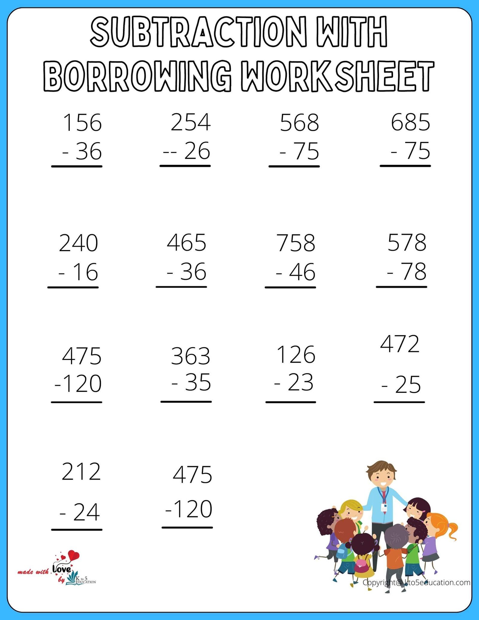 Subtraction With Borrowing Worksheets