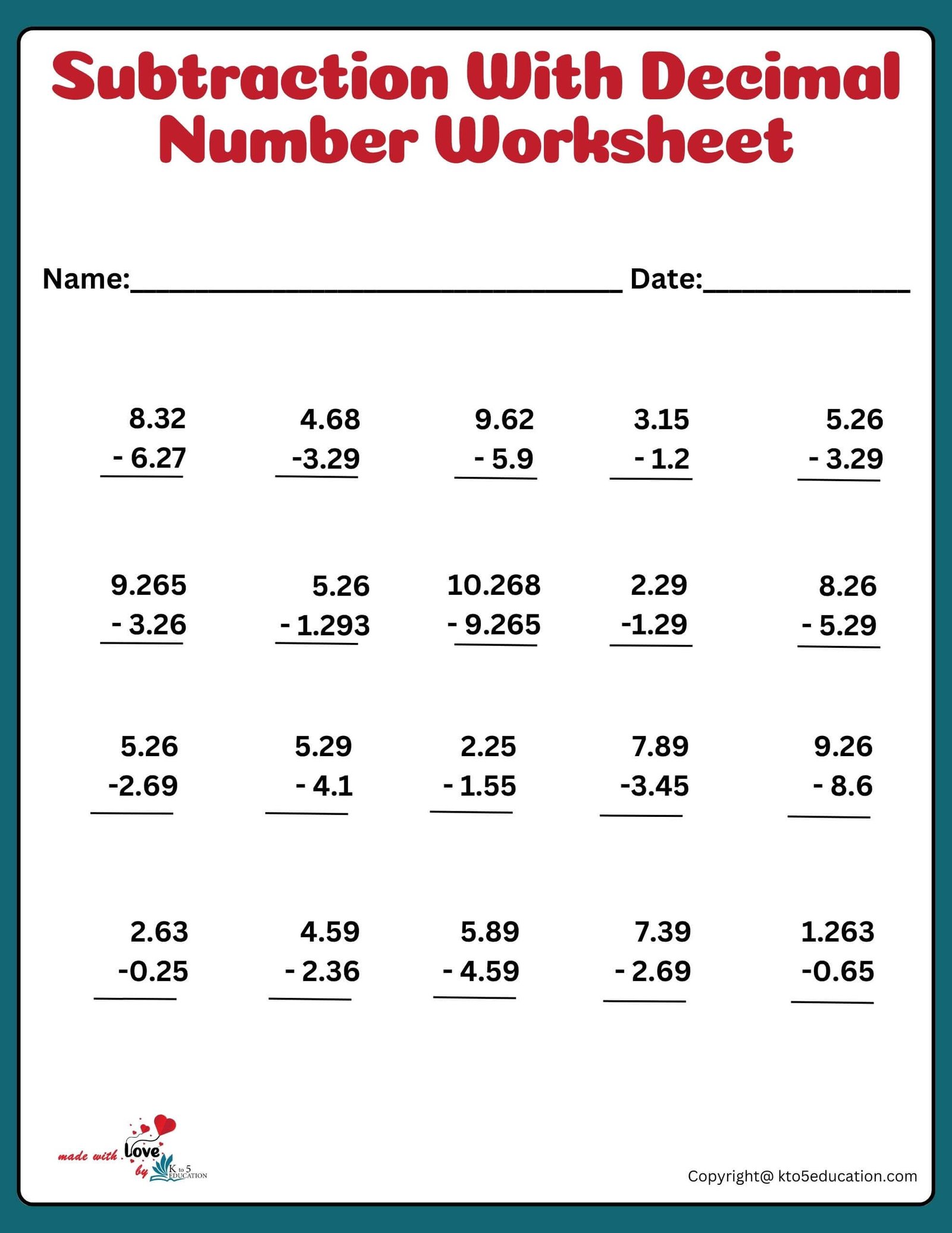 Subtraction With Decimal Nuimber Worksheet
