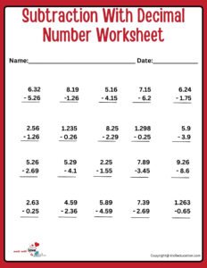 Subtraction With Decimal Number Online Activity Worksheet