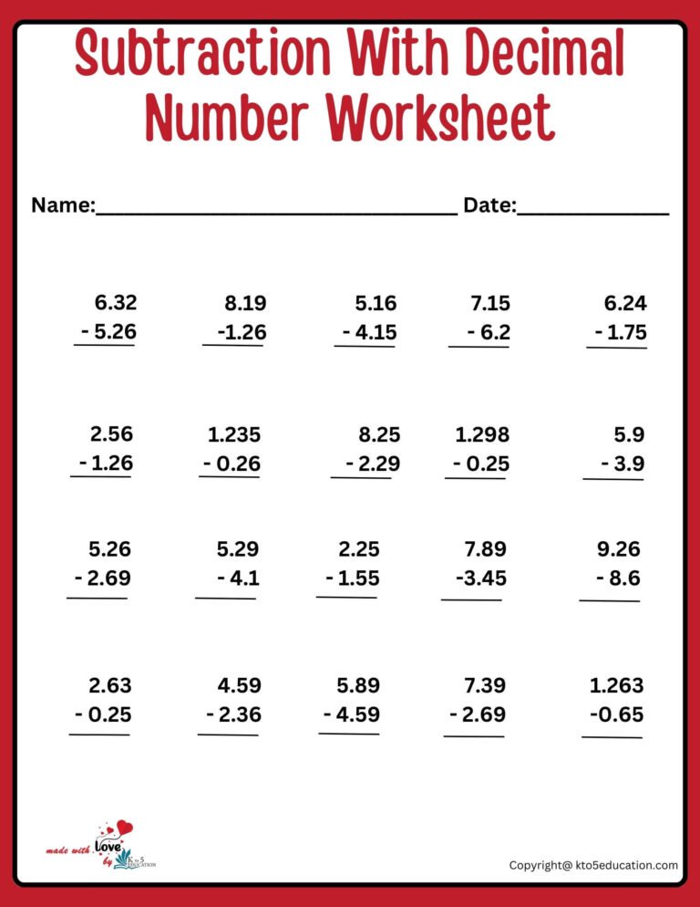 Subtraction With Decimal Number Online Activity Worksheet | FREE Download