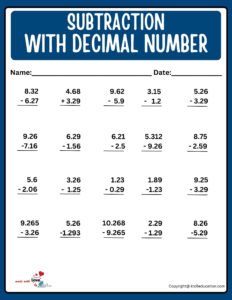 Subtraction With Decimal Number Online Practice Worksheet