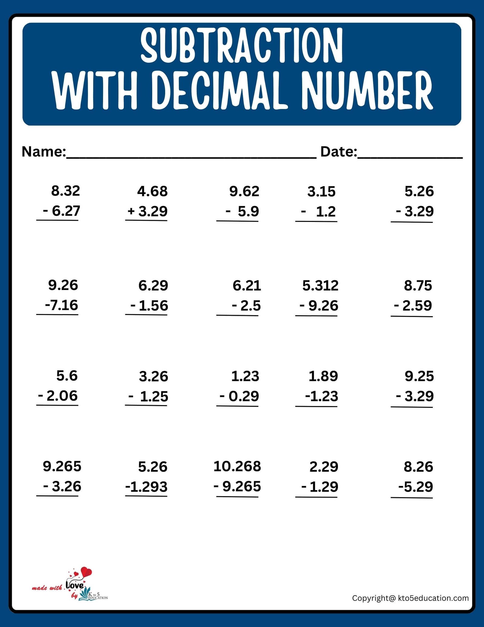 Subtraction With Decimal Number Online Practice Worksheet