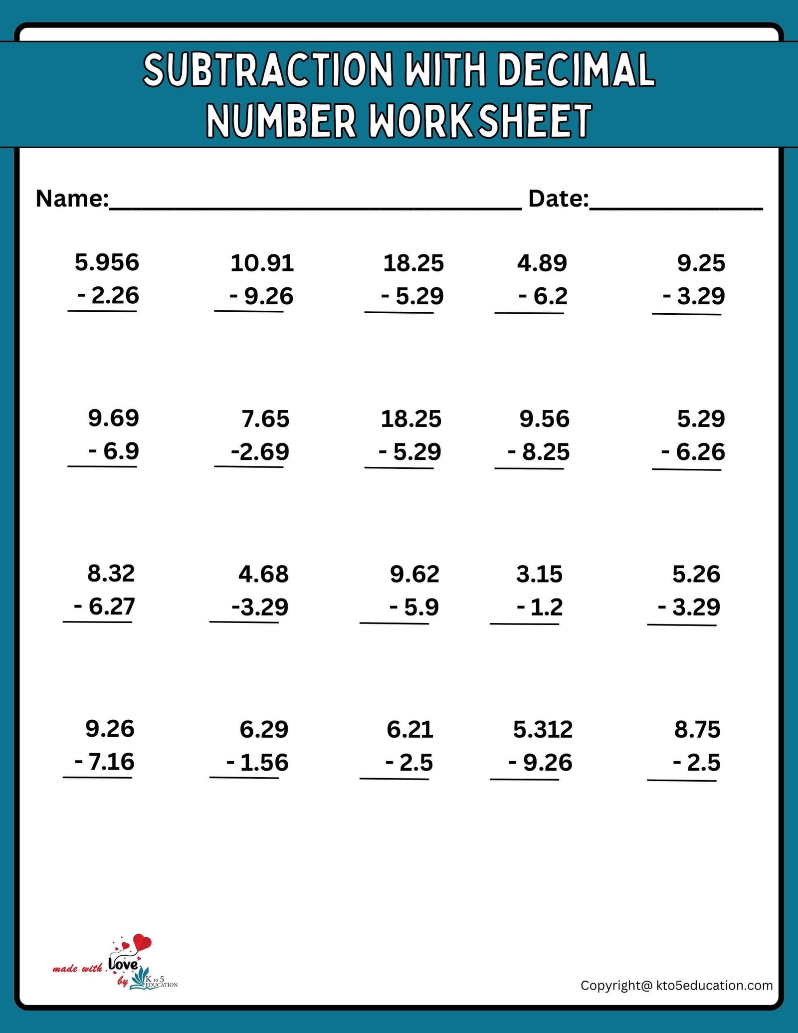 Subtraction With Decimal Number Printable Worksheets