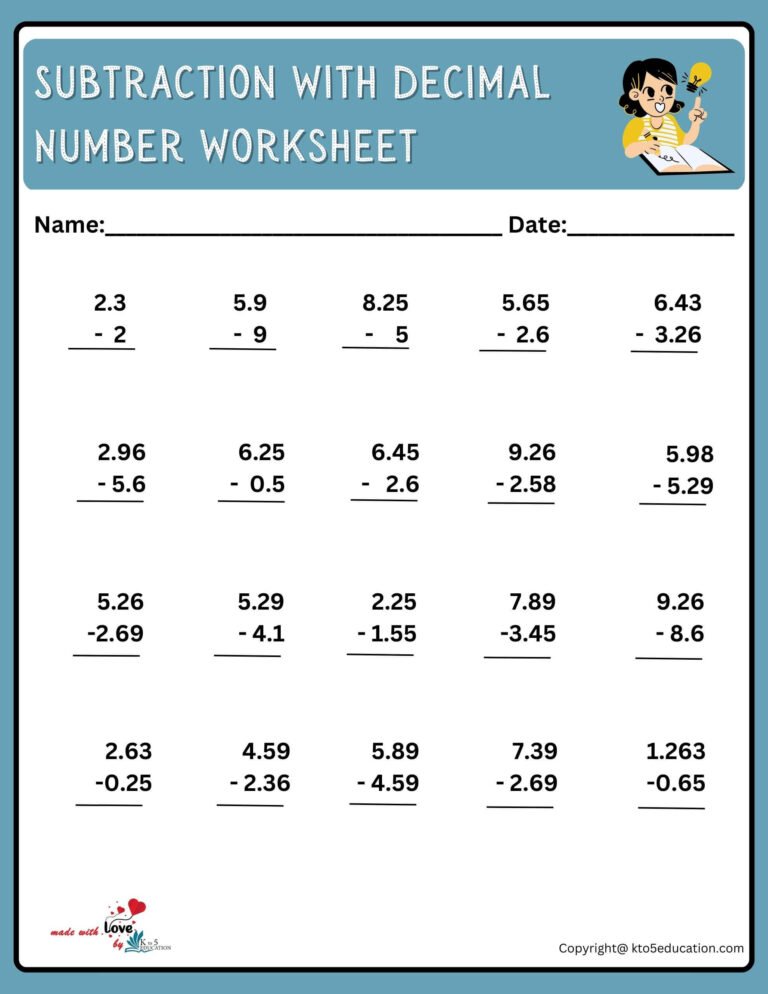 Subtraction With Decimal Number Worksheet For 3rd Grade | FREE Download