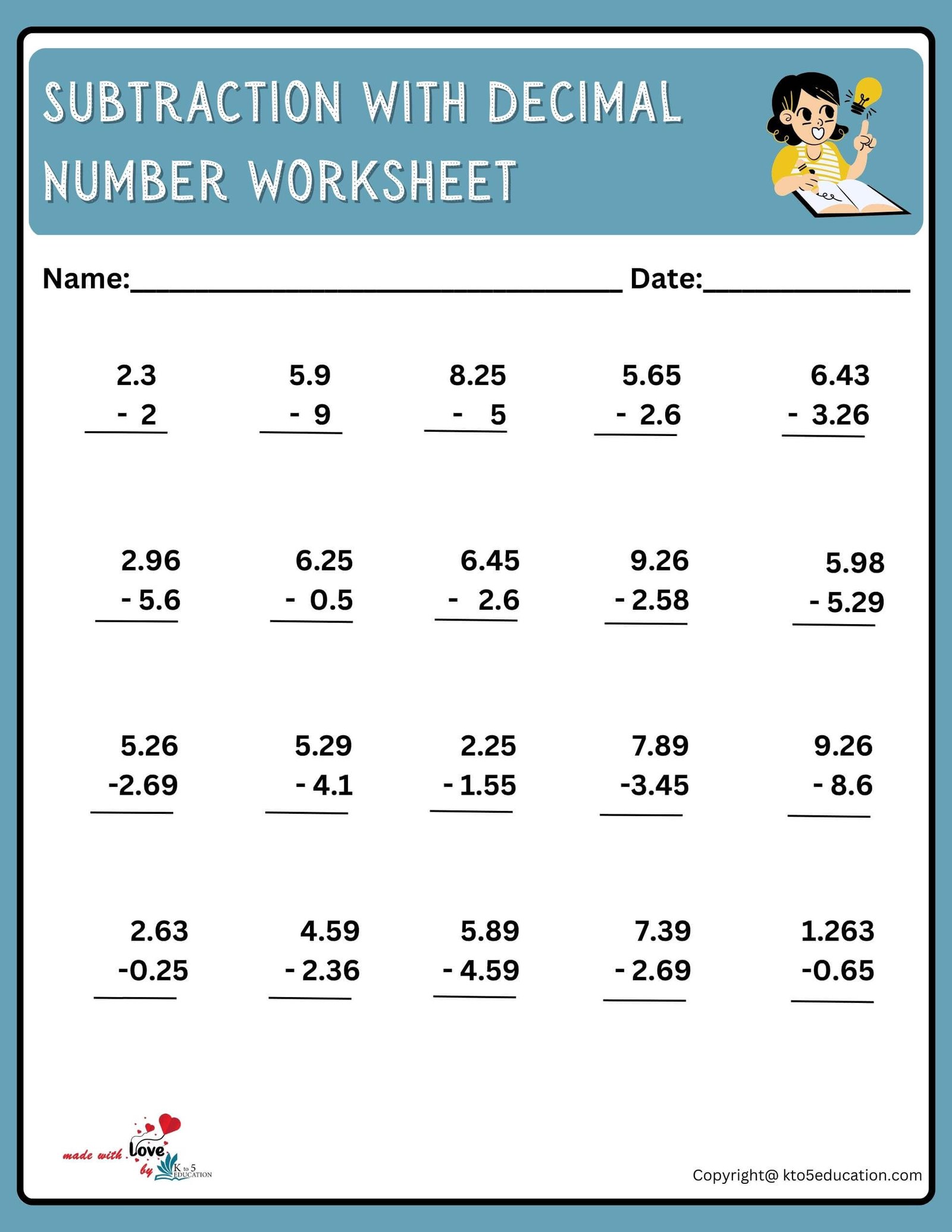 Subtraction With Decimal Number Worksheet For 3rd Grade