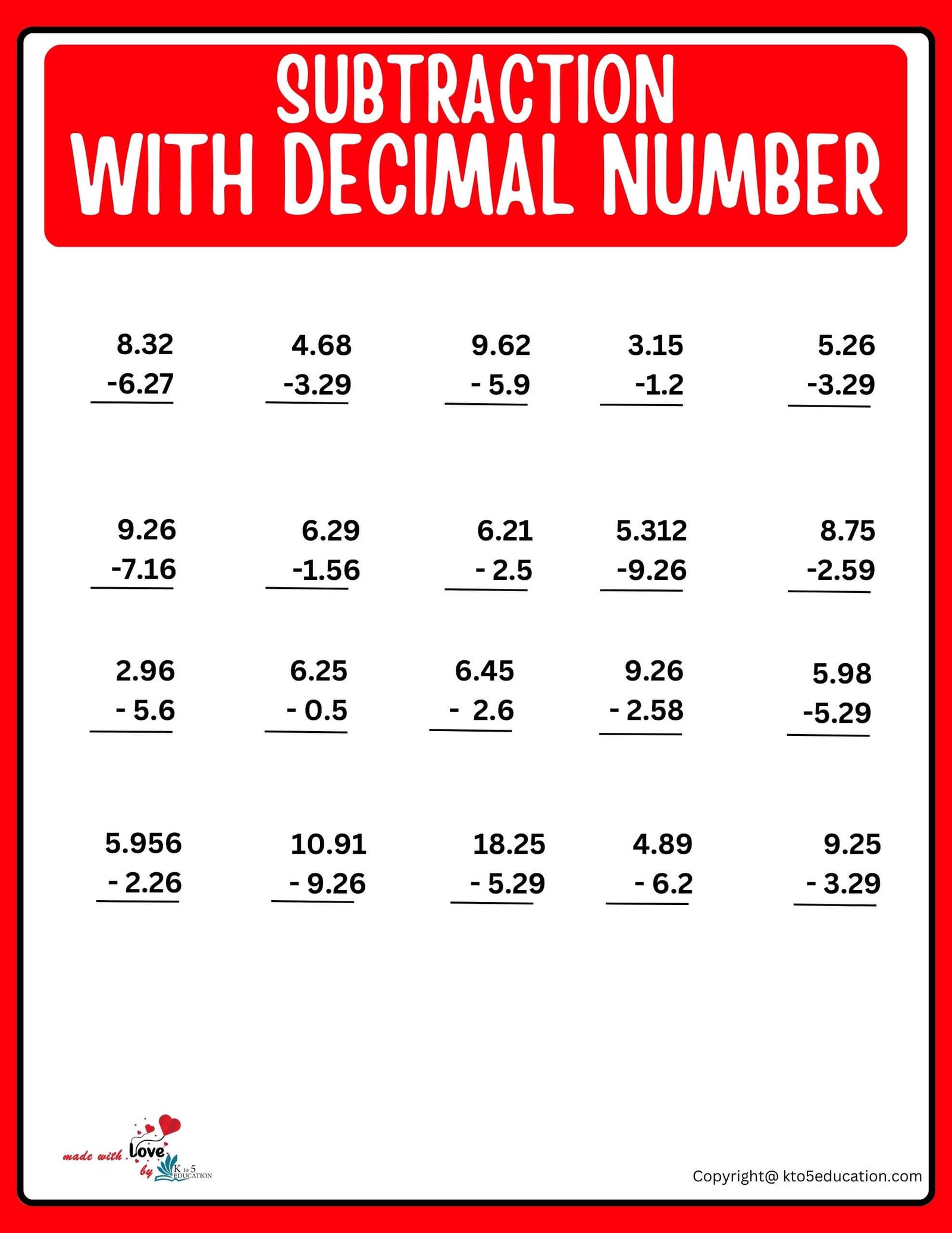 Subtraction With Decimal Number Worksheet For 4th Grade