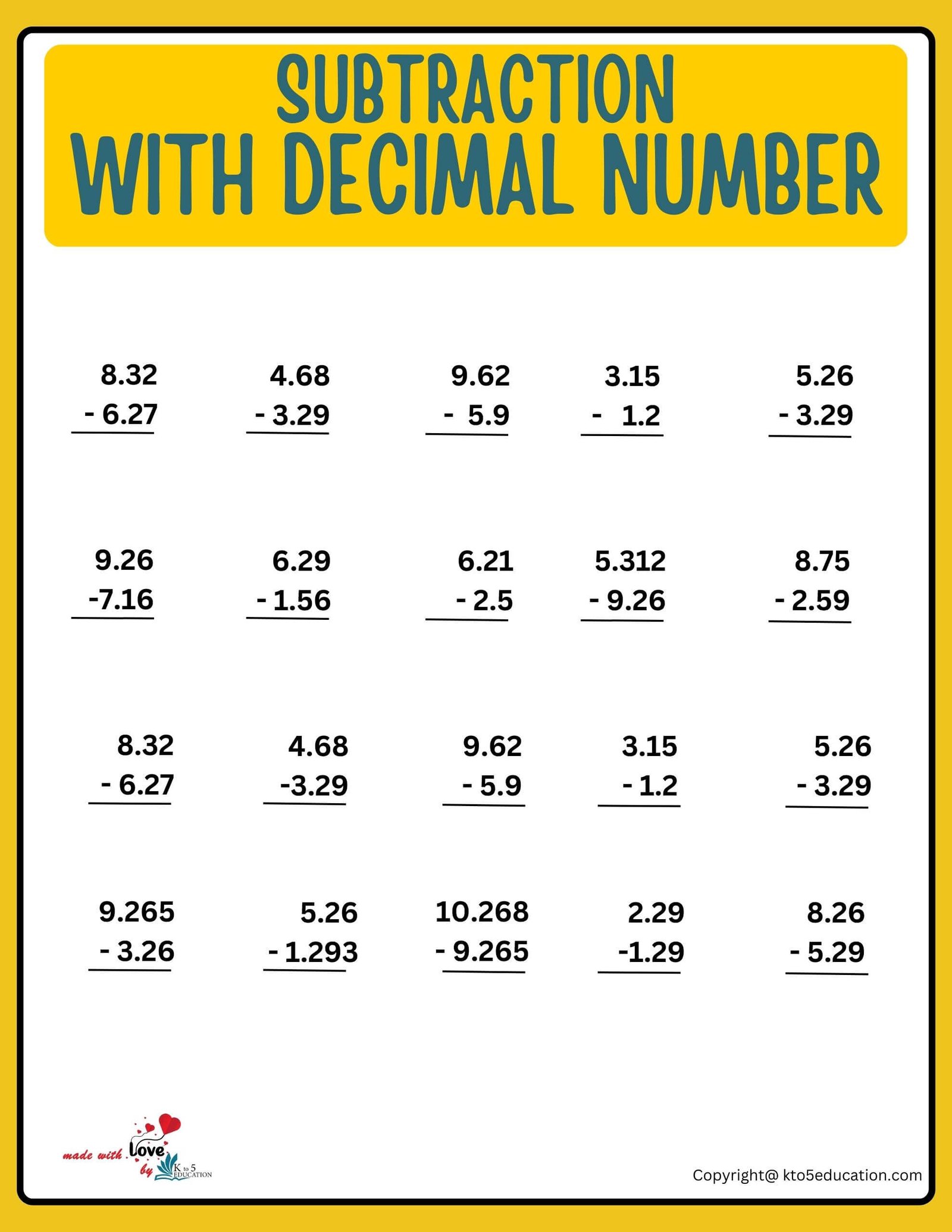 Subtraction With Decimal Number Worksheet For Online Practice